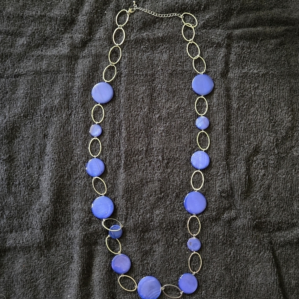 Long‎ Blue Disc Beaded Necklace - Silver Tone Chain